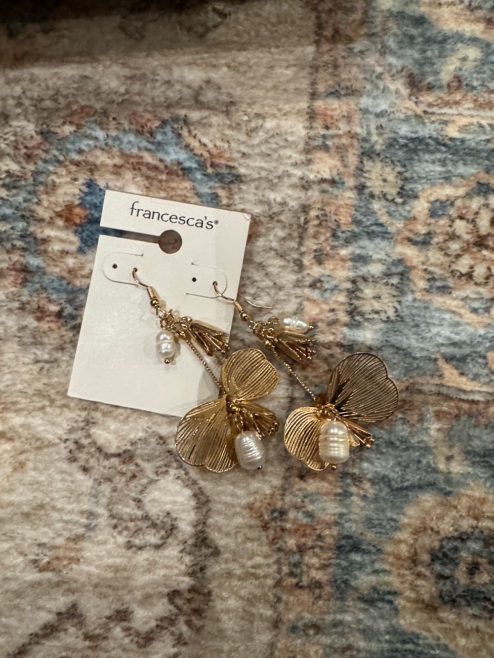 New Francesca's Collections Gold Floral Drop Earrings with Pearl Accent